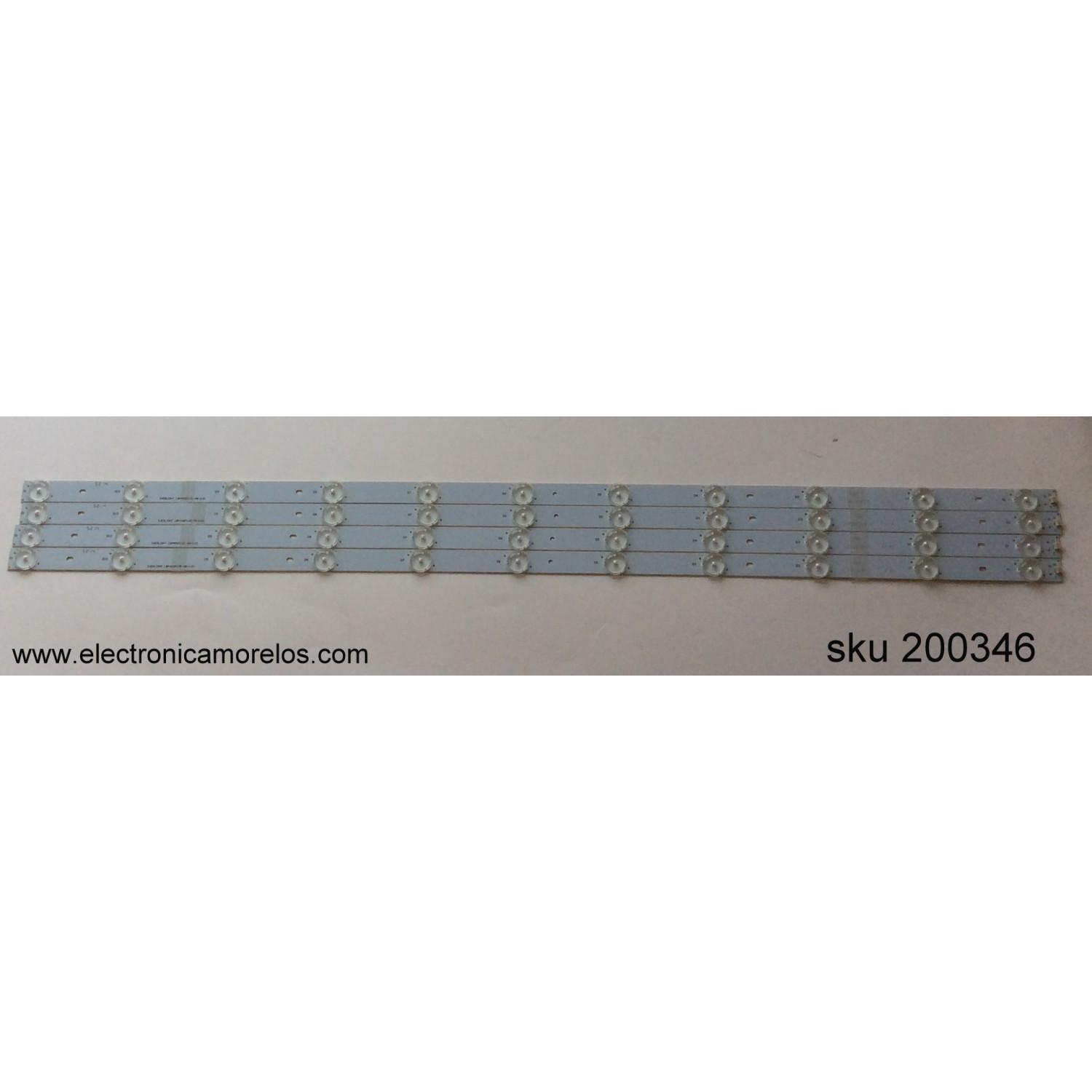 KIT DE LED´S PARA TV (4 PIEZAS) / HISENSE 1136199 / EVERLIGHT LBM400P1101-AR-1(0) / EVERLIGHT LBM400P1101-AR-2S(0)/ 4 18 1406 F120 M8R F B3 / PANEL´S JHD400GF-E32 / JHD400GF-E32(010)\S092D37\M78\FM\PW1 / MODELO 40H3E